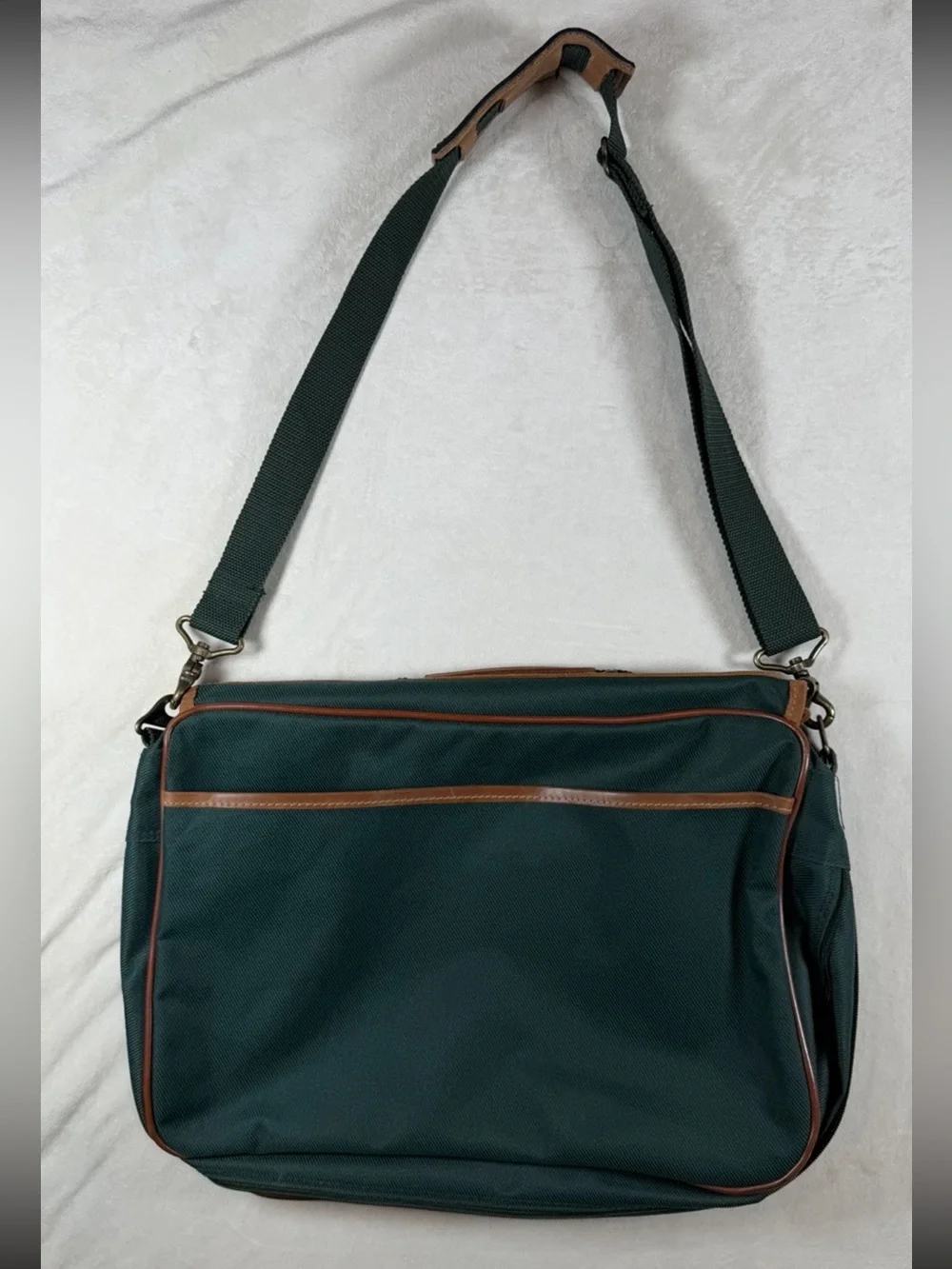 Eddie Bauer Dark Green Canvas Meather Messenger Laptop Bag Brown Leather Trim